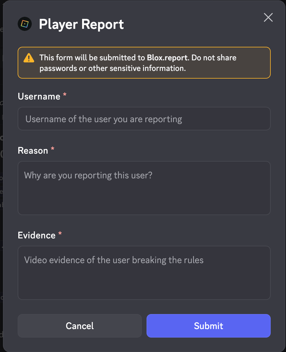 Gakuran Player Report form showing Username, Reason, and Evidence fields