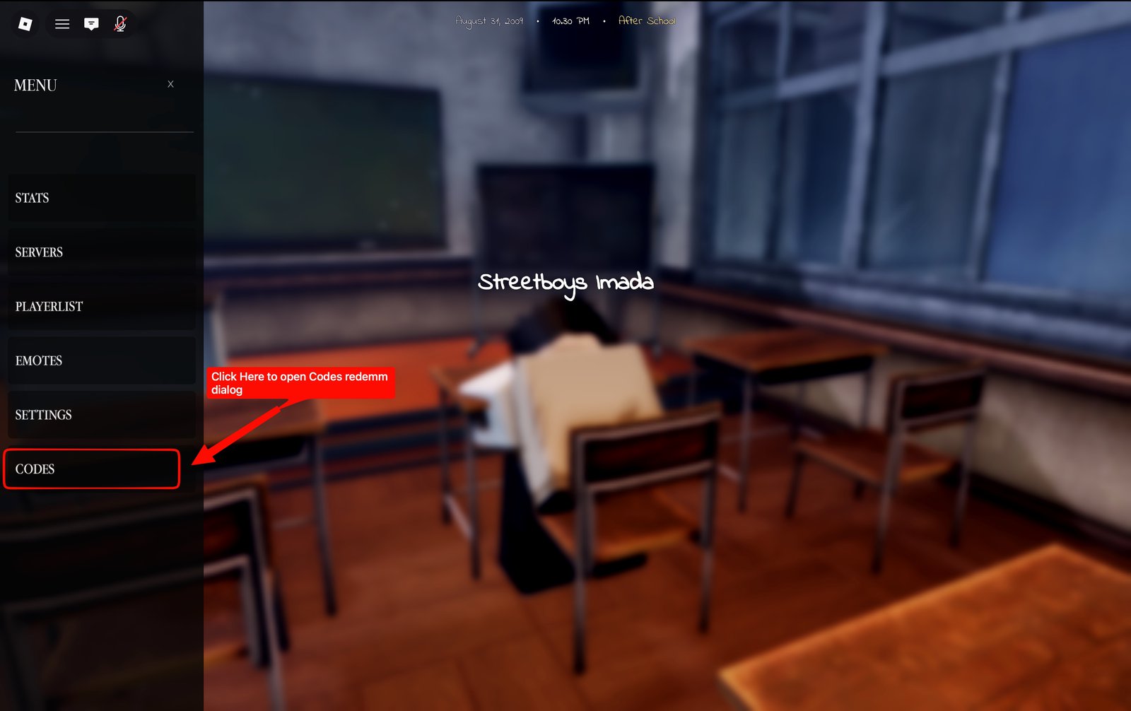 How to redeem Gakuran codes step 3: select CODES from the Gakuran MENU to open the redeem dialog